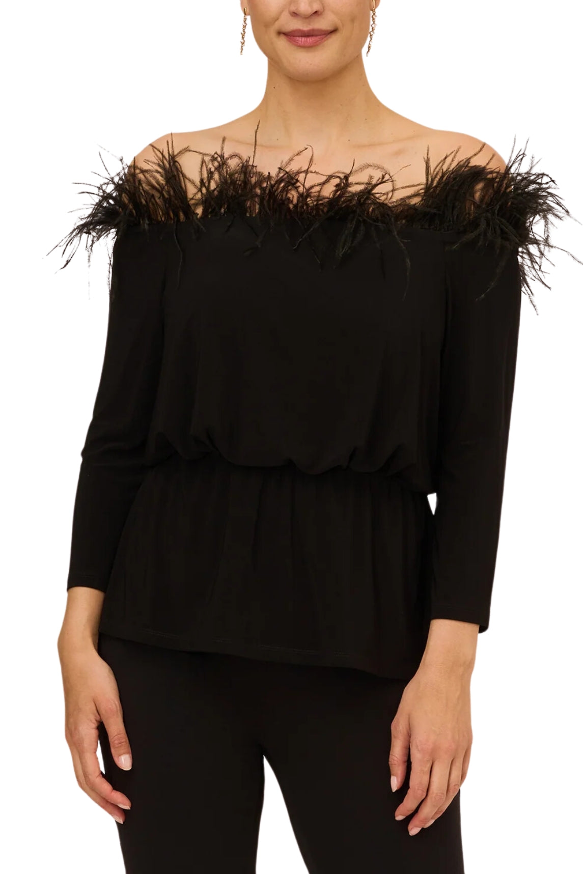 Adrianna Papell Off The Shoulder 3/4 Sleeve with Feather Accents