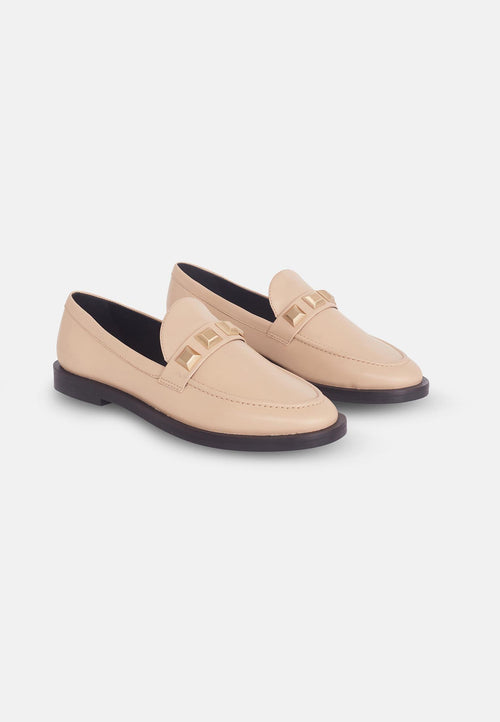 Beige Calf Leather Loafers – Elegant Women’s Flat Shoes with Metal Stud Detail